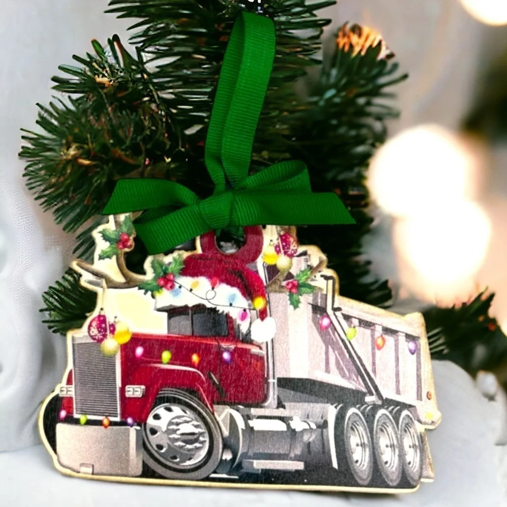 New Handmade Sublimation Christmas Dump Truck Ornament, Personalized & Unique
